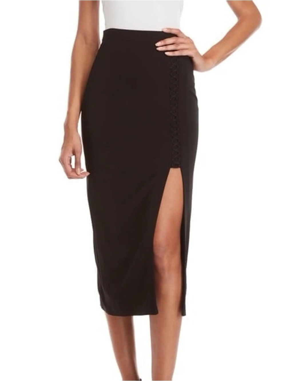 A.L.C. Black Steve Midi Skirt with Braid Front and Side Slit